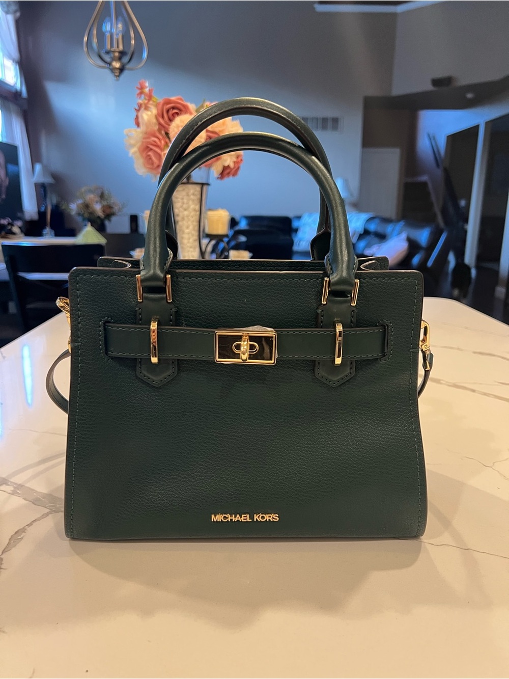 MICHAEL KORS Deep Green Leather Satchel with Gold Hardware